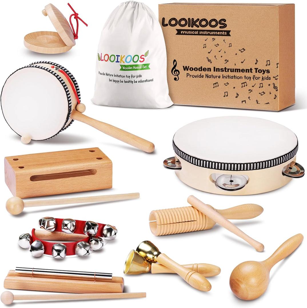 LOOIKOOS Montessori Natural Wooden Musical Instruments Set for Toddlers Preschool Educational Percussion Toys with Storage Bag, Safe Early Learning Toys for Boys Girls (3+)