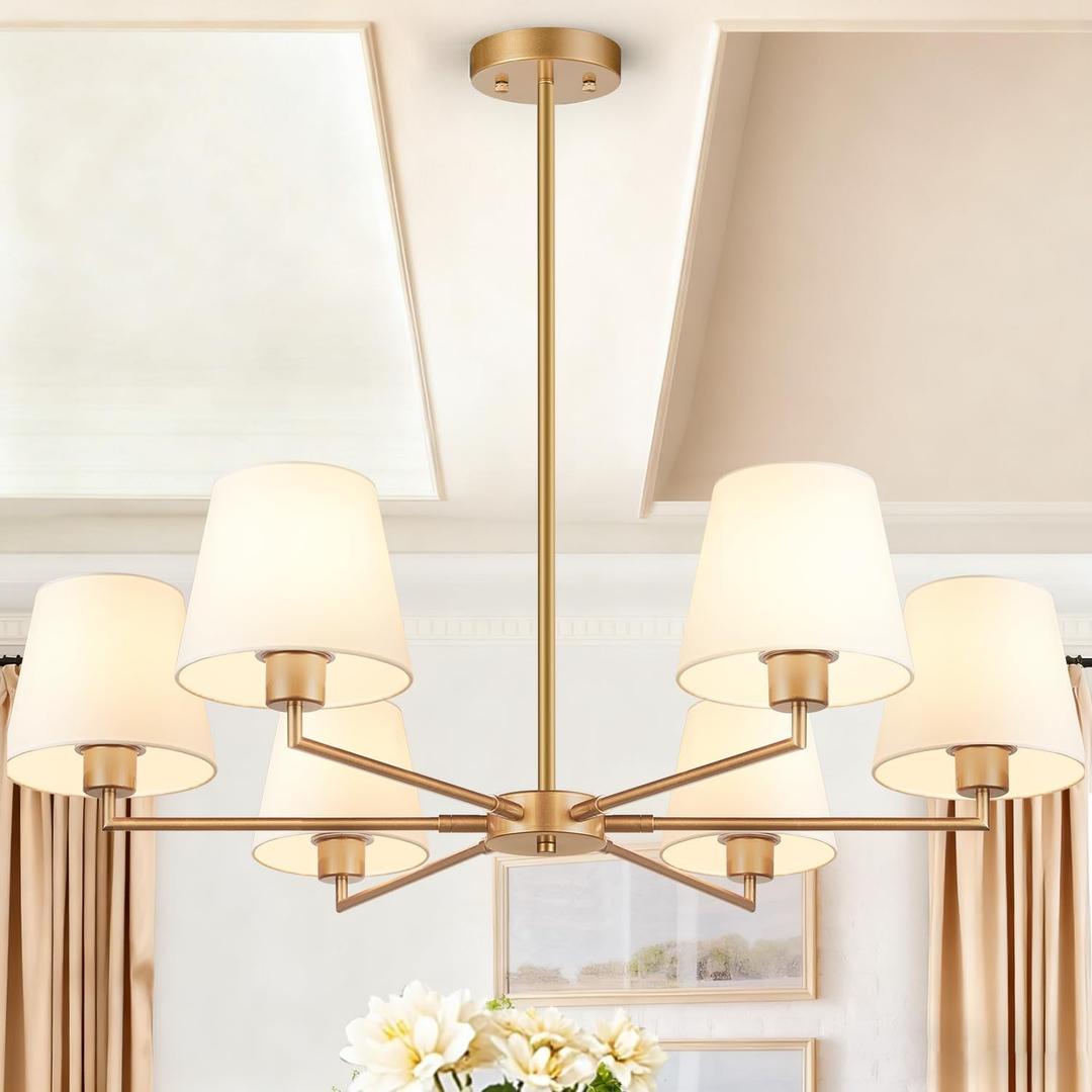 36" Gold Dining Room Light Fixture, No Assembly Required 6-Lights Kitchen Chandelier for Dining Room with White Fabric Shade, Chandelier Ceiling Light Fixture for Kitchen Island Bulb Not Included