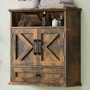 Bathroom Wall Cabinet, Wall Mounted Medicine Cabinet with Drawer, Barn Door & Adjustable Shelf, 24.4"H x 23.6"W x 9"D Rustic Brown Over Toilet Farmhouse Storage Cabinet for Kitchen, Laundry, Entryway