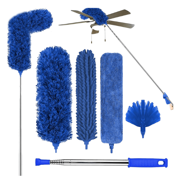 Microfibre Duster for High Ceilings, Duster for Cleaning Fan Cobweb, 100" Telescopic Extension Pole Kit, Reusable Duster, Washable Lightweight Duster for Ceiling Fan Webs, Blinds