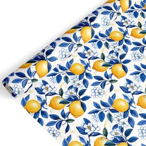 FYSUIMU Lemon Wrapping Paper -Mini Roll- 17 Inch x 32.8 Ft Watercolor Blue Flower Lemon Gift Wrap Paper Art Paper for Summer Birthday Baby Shower DIY Craft