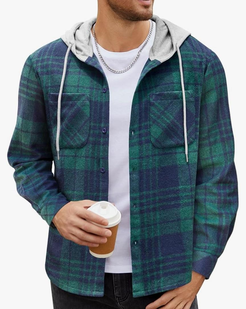 COOFANDY Men's Flannel Hoodie Plaid Shirt Long Sleeve Button Down Casual Shirt Jacket Lightweight Fall Shacket Size XXL