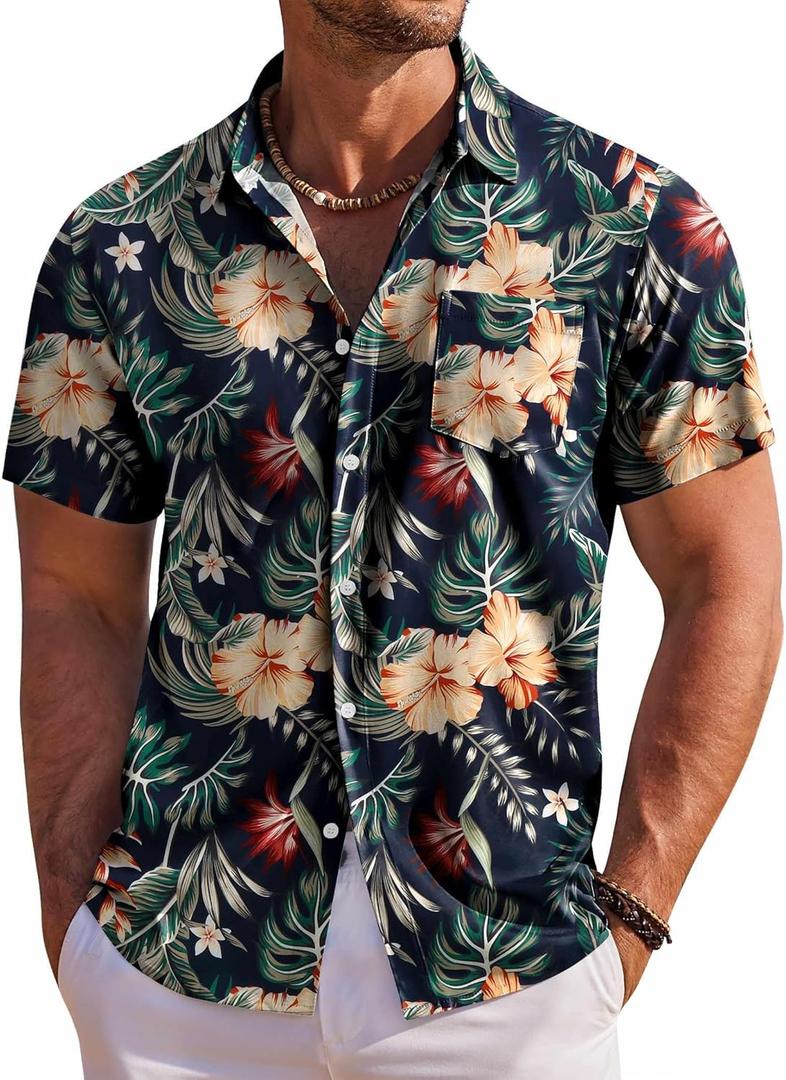 COOFANDY Men's Hawaiian Shirt Short Sleeve Floral Button Down Shirts Tropical Holiday Beach Shirts (Large, Navy - Flower 2)