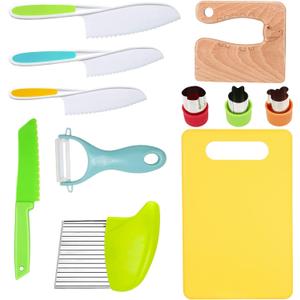 RISICULIS 11 Pieces Wooden Kids Kitchen Knife, Kids Kitchen Set Include Wood Knife, Serrated Edges Plastic Toddler Knife, Kids Kitchen Accessories, Montessori Cooking Christmas Gifts for Boys Girls