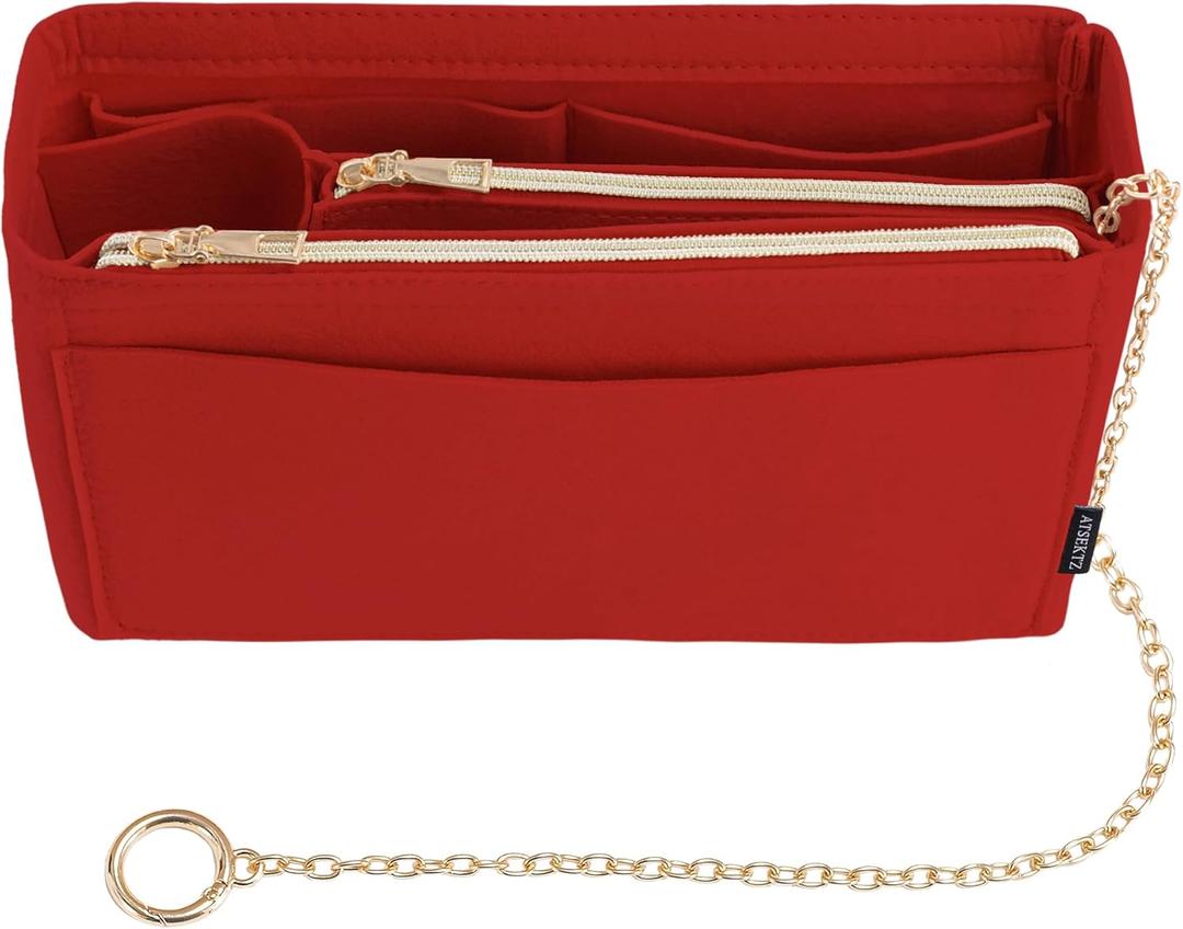 Purse Organizer Insert, Handbag Organizer with Zipper, Tote Shaper with Cup Holder & Keychain, Compatible with LV, Neverfull, MK, COACH, Longchamp, Kate Spade Red-Sl. Lg