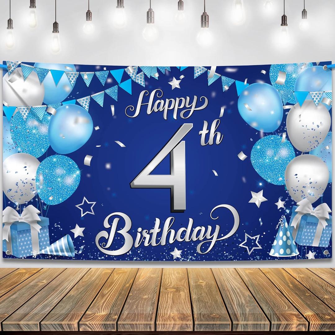 KatchOn, Xtralarge, Blue Happy 4th Birthday Banner - 72x44 Inch | Blue Banner For Birthday Decorations | Happy 4th Backdrop for 4 Year Old Boy Bday Party Decor