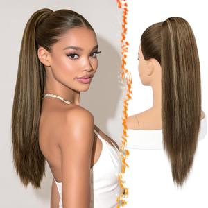 BARSDAR Straight Drawstring Ponytail Extension - 22 Inch Long Straight Ponytail Extension Natural Looking Layered Soft Synthetic Cheer Posh Pony Tails Hairpieces Daily Party, Brown with Blonde