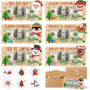 Capoda 6 Pcs Christmas Money Holder Wooden Money Box DIY Cash Envelope Wallet Xmas Greeting Card Cash Holder Decor for Xmas Winter Holiday Birthday Party Favor Supplies (Cute)