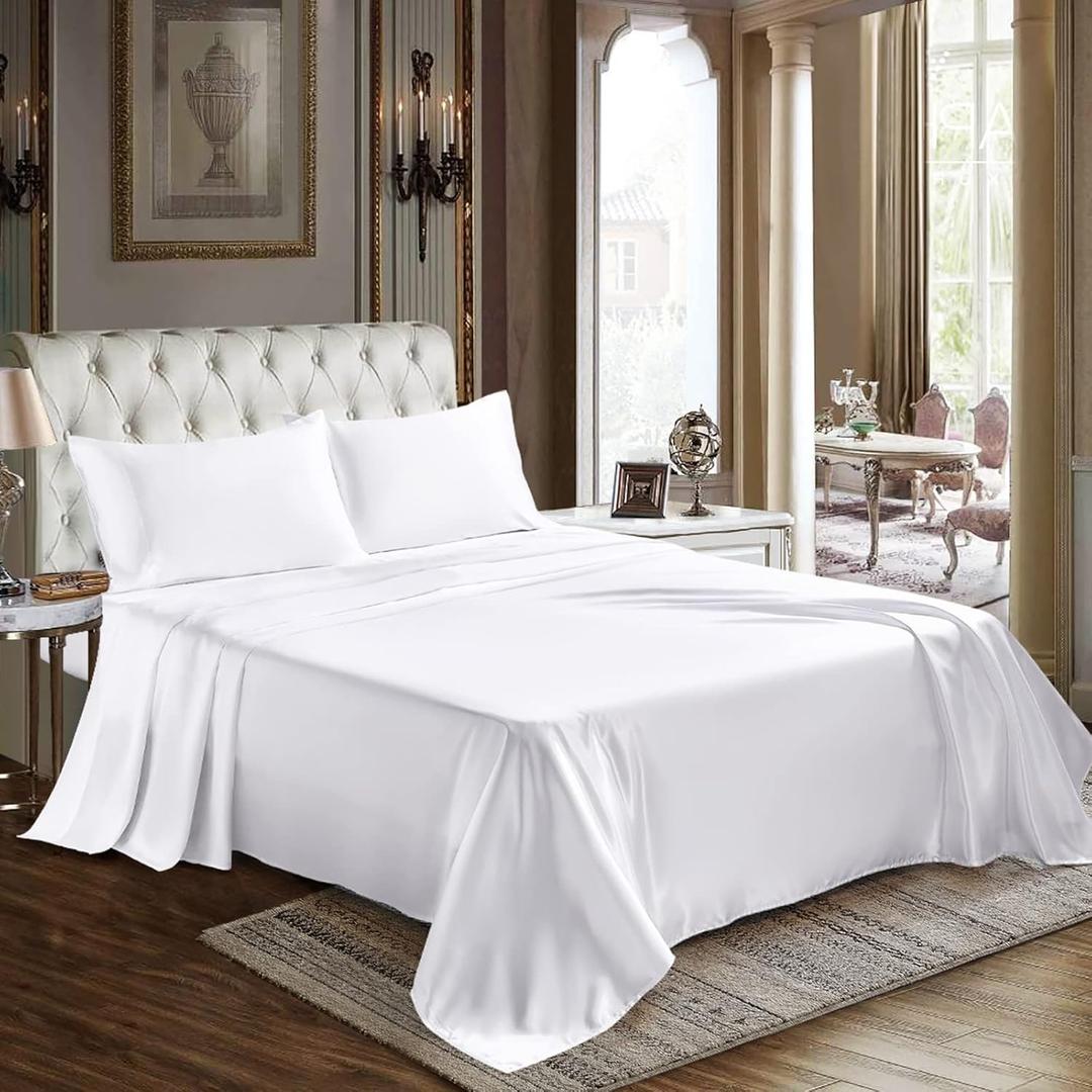 CozyLux Satin Sheets King Size - 4 Piece White Bed Sheet Set with Silky Microfiber, 1 Deep Pocket Fitted Sheet, 1 Flat Sheet, and 2 Pillowcases - Smooth and Soft