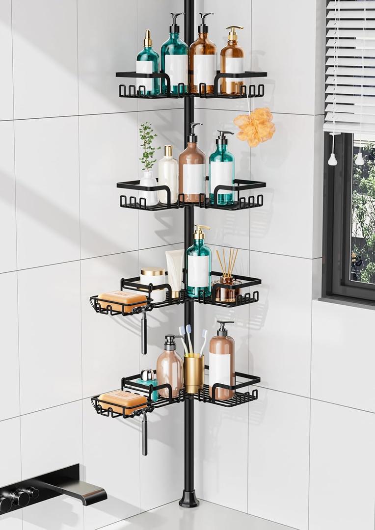 KEGII 2-in-1 Soap Holders x 2 & 32 Hooks Shower Caddy Tension Pole, Stainless Steel Adjustable Corner Shower Organizer for Bathroom, 25114.2 Inches, Black