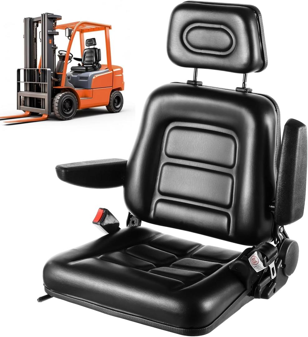 Universal Forklift Seat Adjustable Tractor Seat, Lawn Mower Seat with 0-90 Adjustable Armrest Headrest Safety Belt, Comfortable Leather Skid Steer Seat for Excavator Backhoe Dozer Loader