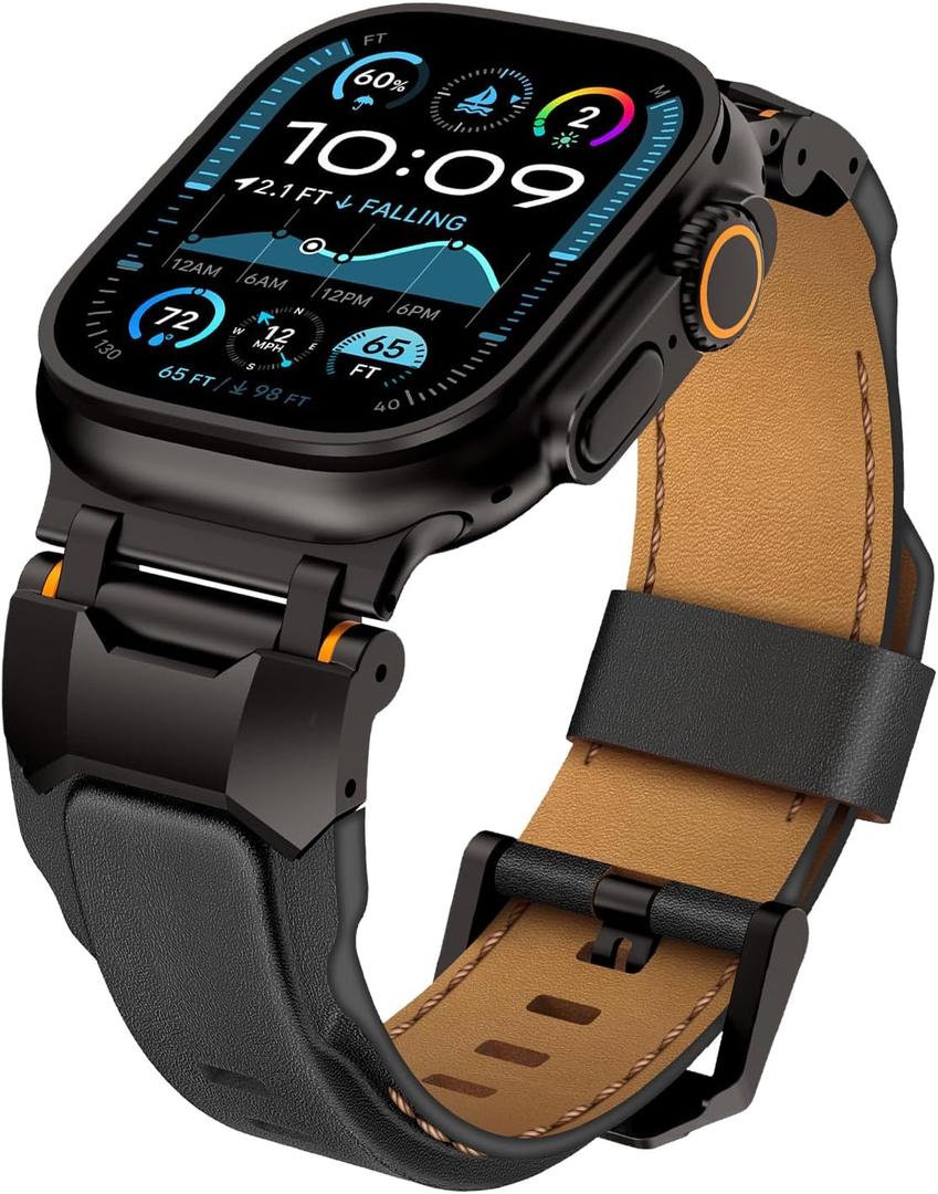Top Genuine Leather Band Compatible with Apple Watch Ultra 3 2 1 Bands for Men 49mm 46mm 45mm 44mm 42mm,Luxury Leather Rugged Strap with Metal Connector for iWatch Series 11 10 9 8 7 6 5 4 SE