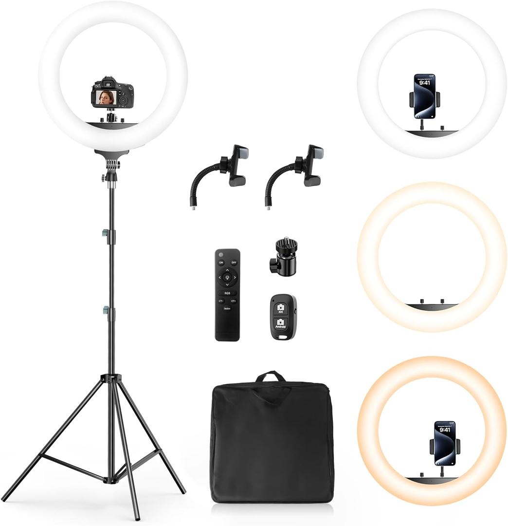 Aureday 22" Big Ring Light with 72" Sturdy Tripod Stand and Sandbag, 65W Large Studio Ringlight with Remote & Phone Holders for Photography/TikTok/YouTube/Tattoo/Barber/Video Recording (BLACK)