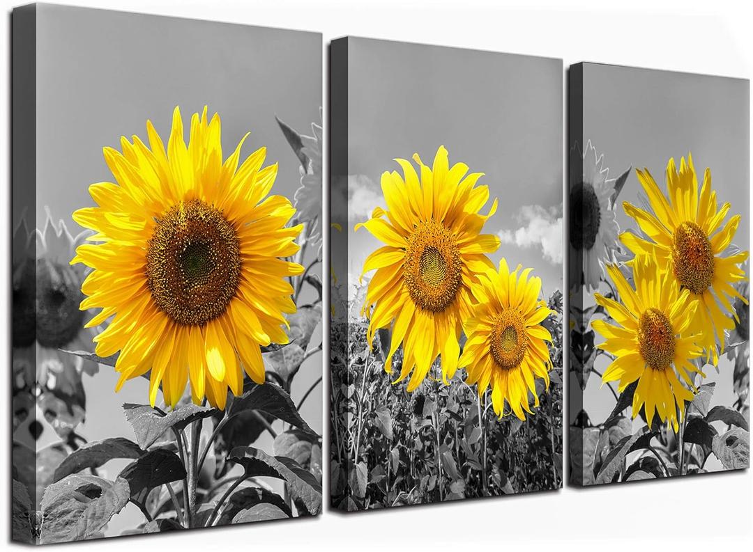 USIXA Sunflower Wall Art for Living Room Black White Flowers Wall Decor Yellow Floral Canvas Prints Painting Wood Frame with Hook Decorative Botanical Blossom Picture Artwork in 3 Panels 1216 Inches