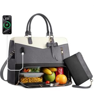 Lunch Tote Bag for Women 2 in 1 Laptop Work Bag with Lunch Insulated Compartment and Purse Combo Leather Crossbody Bag (Black Grey)