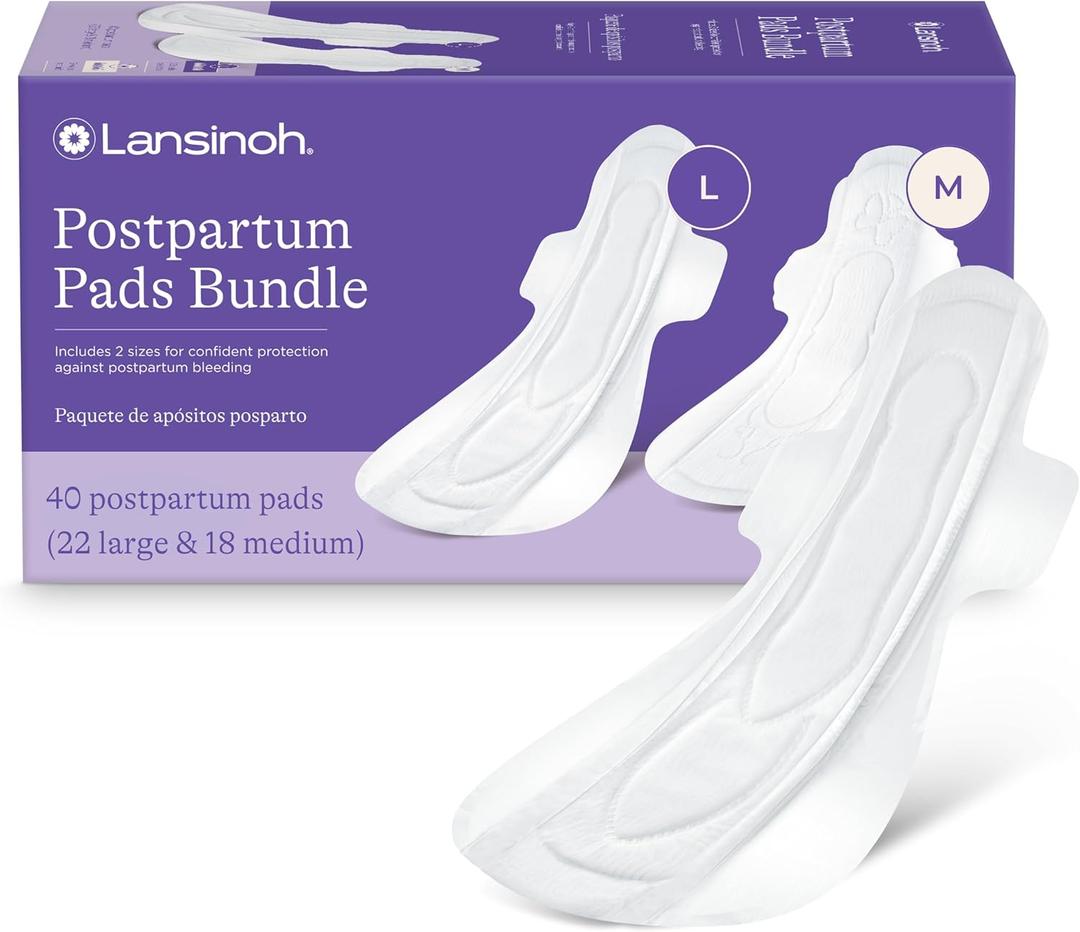 Lansinoh Postpartum Maxi Pads Bundle, 40 Count, Heavy Absorbency Overnight Pads with Wings, Includes 2 Sizes for Extra Protection, Postpartum Essentials