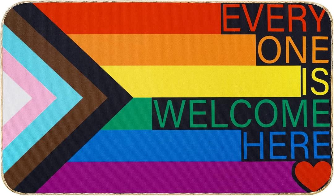 AnyDesign Rainbow Progress Gay Pride Day Doormat Everyone is Welcome Here Front Door Mat with Anti-Slip Rubber Back Rainbow Felt Floor Rug for LGBT Indoor Outdoor Kitchen Home Decor, 17 x 29 Inch