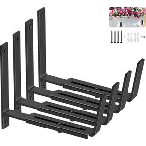 Y&M Adjustable Planter Brackets (6 to 12.5 in), Heavy Duty Iron Window Box Mounting Hooks for Balcony, Fences, Patio, Garden - Black