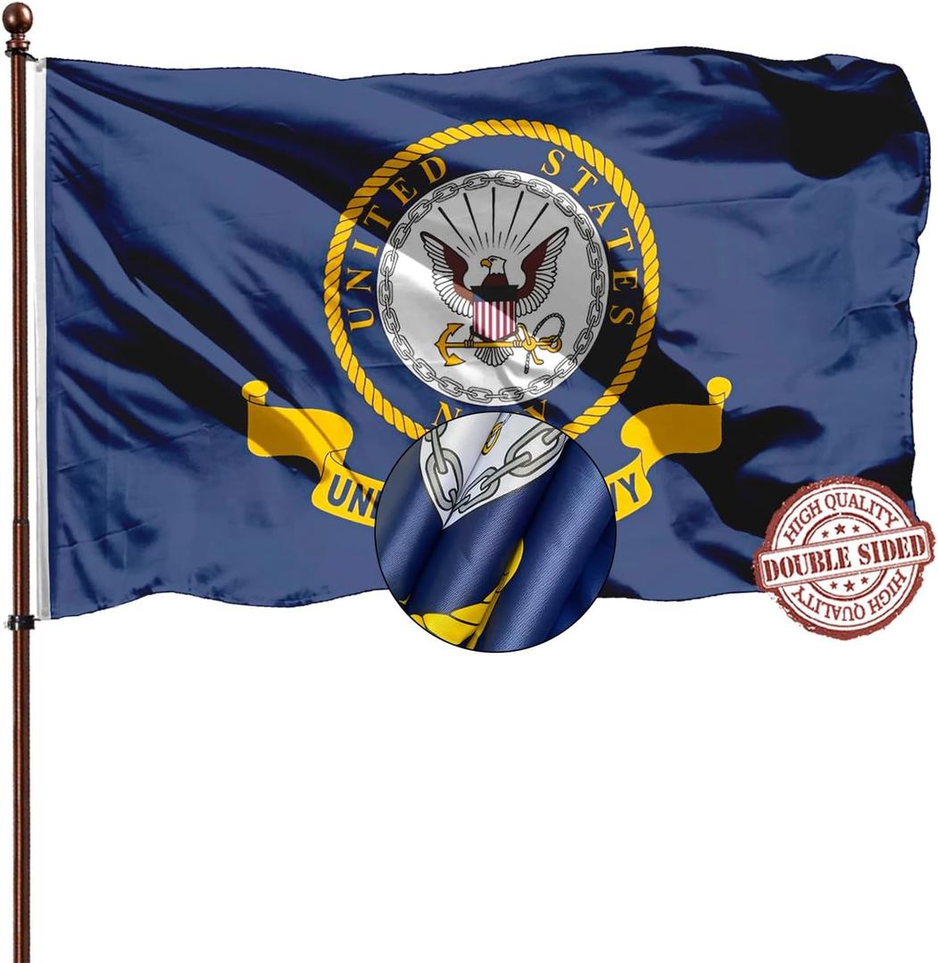 Navy Emblem Flag Double Sided 3x5 Outdoor- 3 Ply 240D Heavy Duty- 3x5 Navy Outdoor Banner Flag- Brass Grommets & 4 Rows Stitched