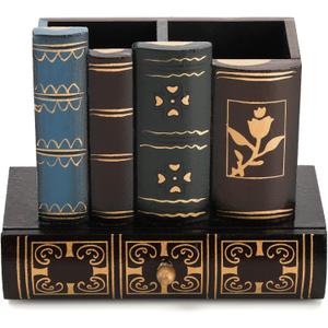 Tosnail Decorative Pen Holder with Storage Drawer, Wooden Pencil Holder Organizer, Antique Library Books Design Pen Cup Caddy, Desk Organizer for Office Supplies, Countertop, Desk, Table Accessory