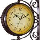 Outdoor Garden Wall Clock, Classical 360Rotation Double Sided Train Station Clock with Station Bracket Garden Clock Indoor Outdoor Decoration Outdoor Clock