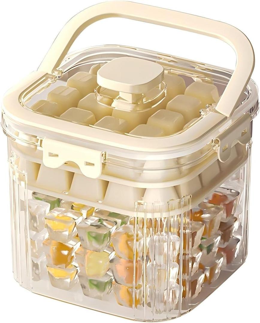 Portable Ice Container with 2 Ice Packs - 1-Click Release, Double-Layer Trays (48 Cubes), 100+ Storage, Compact Handheld for DIY Drinks, Baby Food, Parties & Outdoor Use (Cream Yellow)