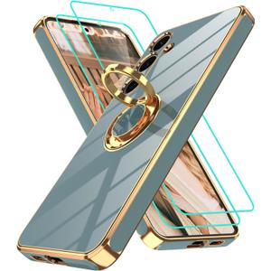 Gritup for Samsung Galaxy S24 Case: with 2Pcs Screen Protector, 360 Rotation Ring Holder Magnetic Kickstand Plating Gold Edge Soft TPU Shockproof Protective Cover for S24, Gray