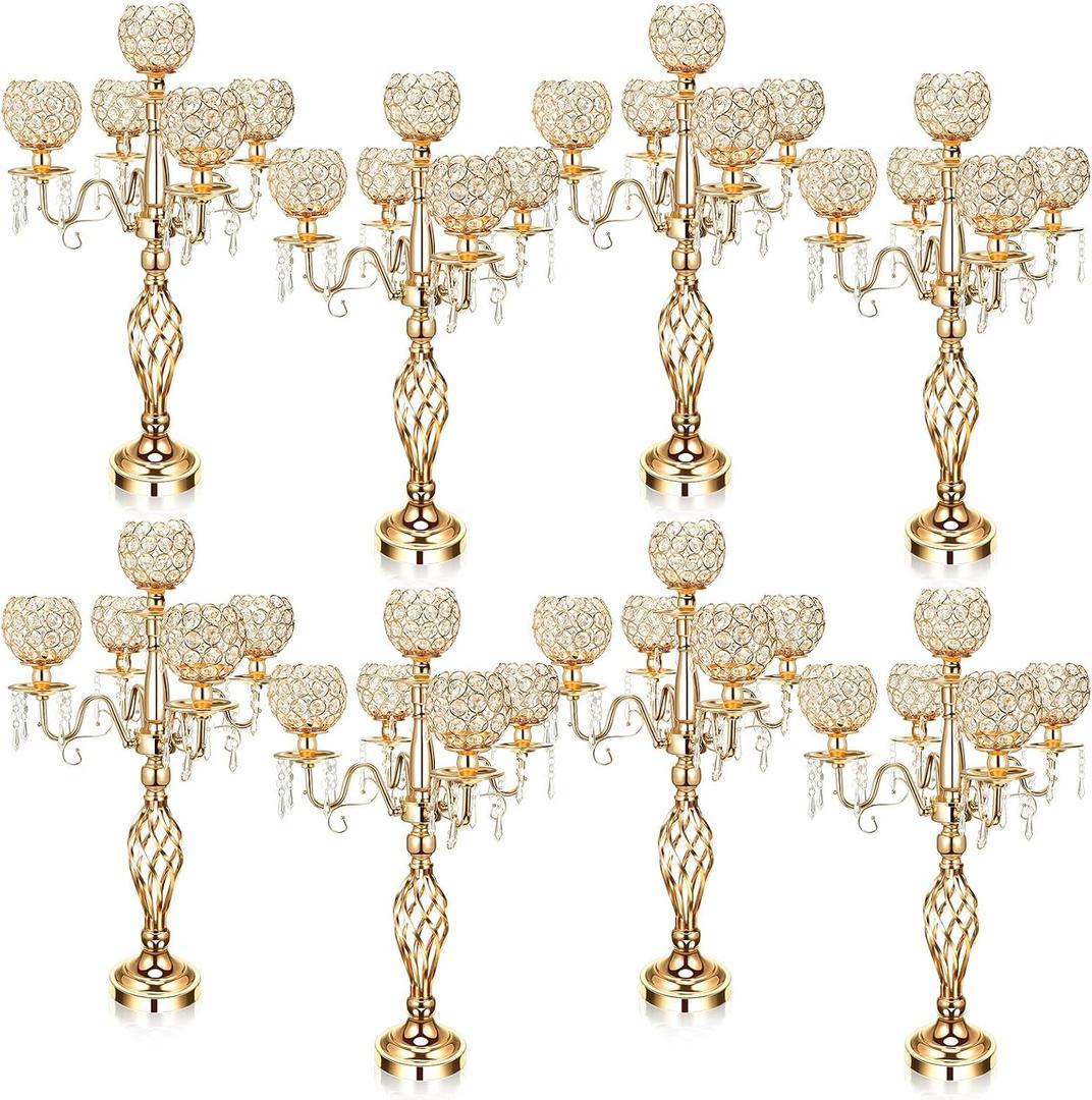 Nitial 8 Pcs 5 Arm Crystal Candelabra Centerpieces for Table 27 Inch Retro Victorian Crystal Candle Holders Bowl Table Centerpieces Decor for Wedding Banquet Valentine Dinner Party Event (Gold)