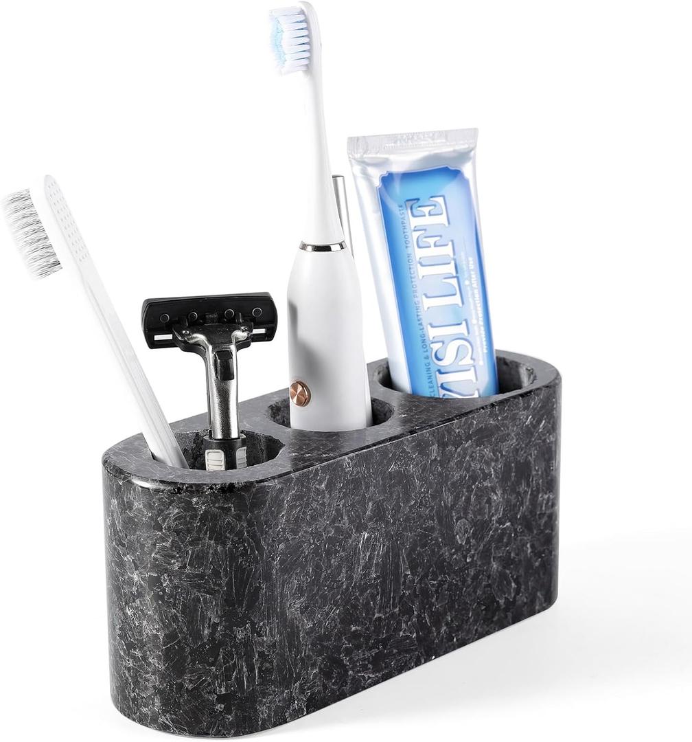 BCS Toothbrush Holder for Bathrooms, 3 Slots Marble Toothbrush Organizer, Makeup Brush Stand Toothbrush Storage Collection for Bathroom Countertop Vanity Organization - Marron Bahia