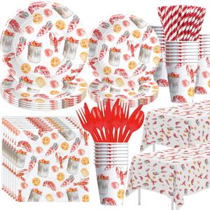 APOWBLS Crawfish Boil Party Supplies - Lobster Decorations Tableware, Plate, Cup, Napkin, Tablecloth, Cutlery - Crayfish Crab Seafood Shrimp Theme Party Supplies for Birthday | Serve 24