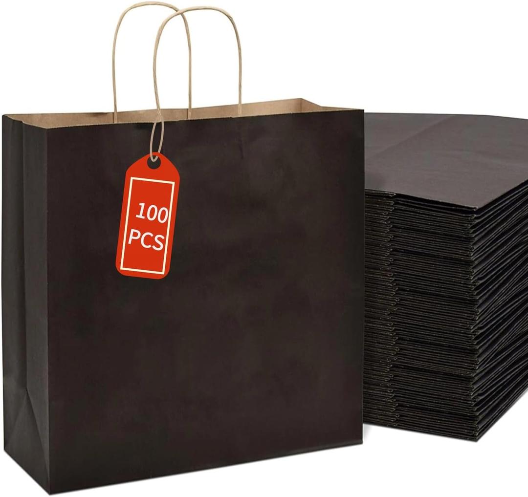 PAICUIKE 100Pcs Black Kraft Bags with Handles, 11x6x11 Inch Square Gift Bags for Retail, Shopping, Party Favors, Fathers Day, Events & Small Business | Sturdy & Versatile