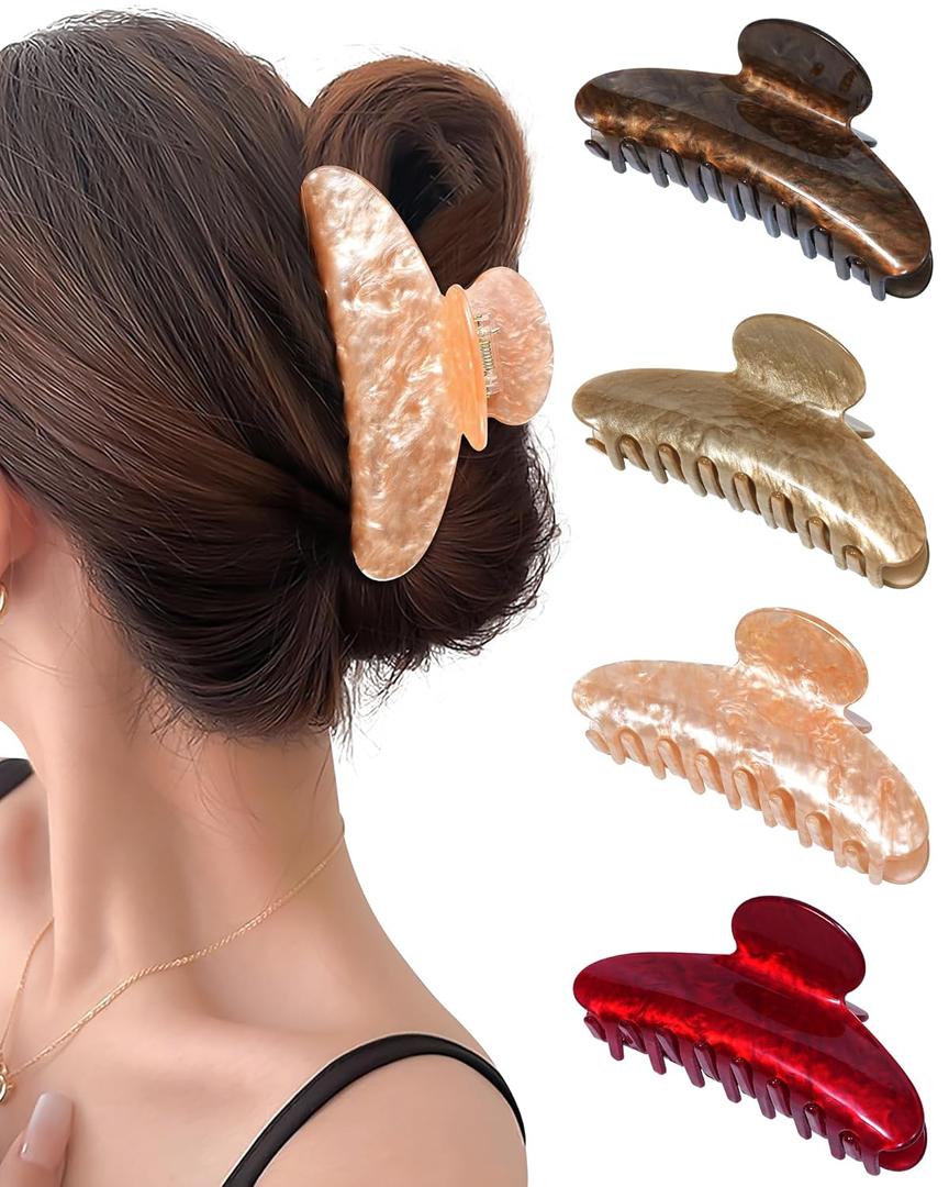 Mesovor 4 Pack Acrylic Hair Clips Claws, Nonslip 4.1" Large Hair Grip Hairclips for Thin and Thick | French Banana Barrettes Hair Strong Hold Hair Jaw Clamps (Coffee, Red, Light Brown, Champagne)
