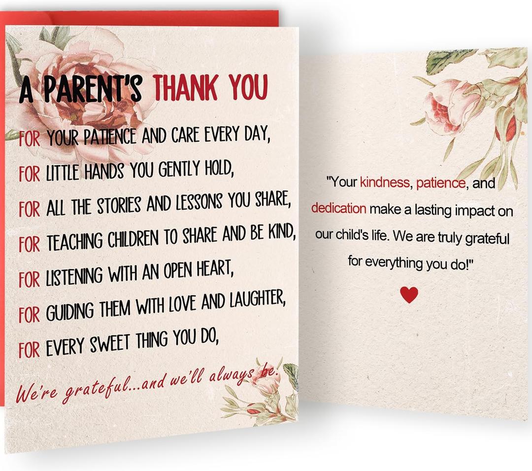 2 x A Parent's Thank You Card, Heartfelt Appreciation Poem Gift for Nursery School, Preschool, Kindergarten and Daycare Teacher