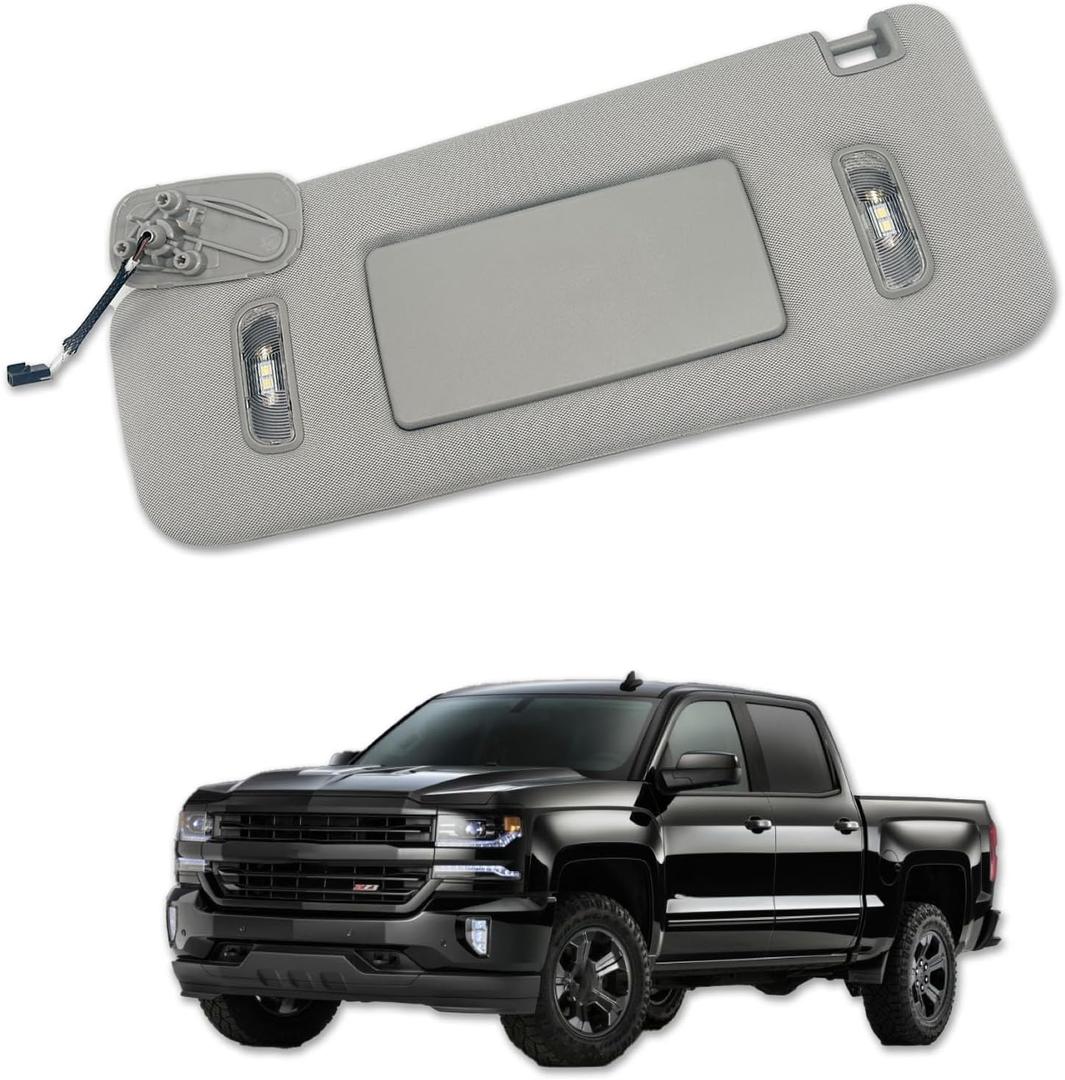 Left Side Sun Visor with LED Light Makeup Mirro Fit for 2015-2019 Cadillac Escalade, Chevrolet Silverado/Suburban/Tahoe, GMC Sierra Denali/Yukon/XL, 22870346, 23198866, 23459655, 23459654, 84247192