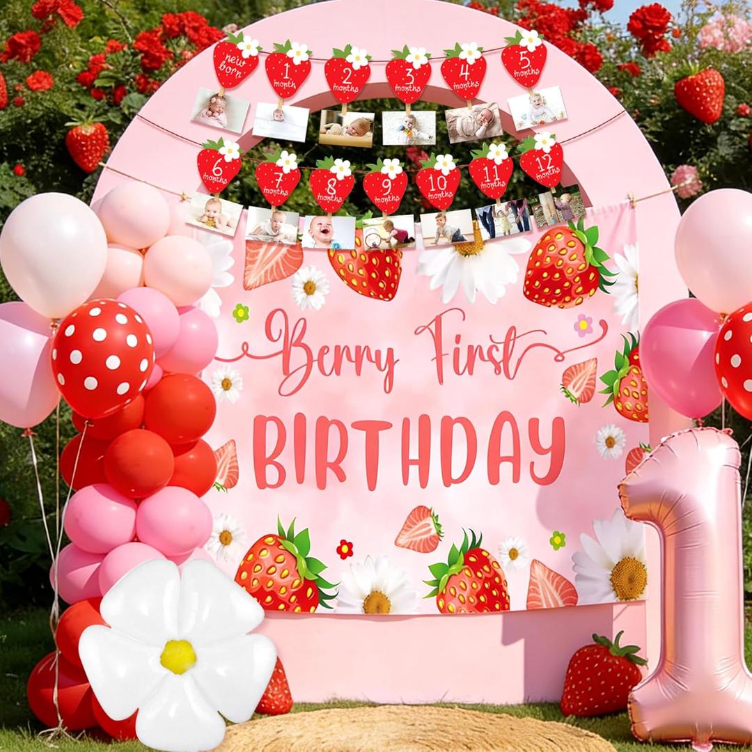 Strawberry 1st Birthday Party Decorations Sweet Berry First Birthday Baby Shower Girls Strawberry Themed Backdrop 12 Months Photo Banner Berry Sweet One Party Supplies