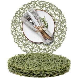 AHHFSMEI Paper Braided Round Placemats Set of 8 Natural Non-Slip Heat Resistant Table Mats for Dining Tables Woven Indoor & Outdoor Place mats(Green,8)