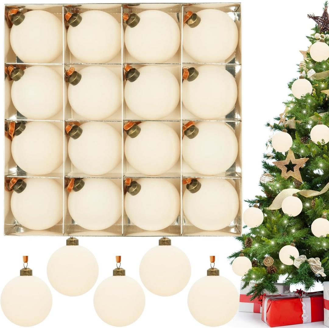 3.15" Cream White Velvet Christmas Ball Ornaments Set, 16 pcs Flocked Beige Xmas Tree Decoration, Large Shatterproof Decorative Hanging Balls for Party Holiday Wreath Garland Home Dcor