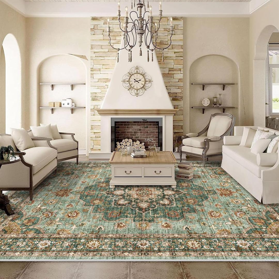 Washable Oriental Area Rug - 9x12 Rugs for Living Room Soft Carpet for Bedroom Waterproof Floral Distressed Indoor Stain Resistant Non-Shedding Floor Carpets (Green, 9x12) (9' x 12')