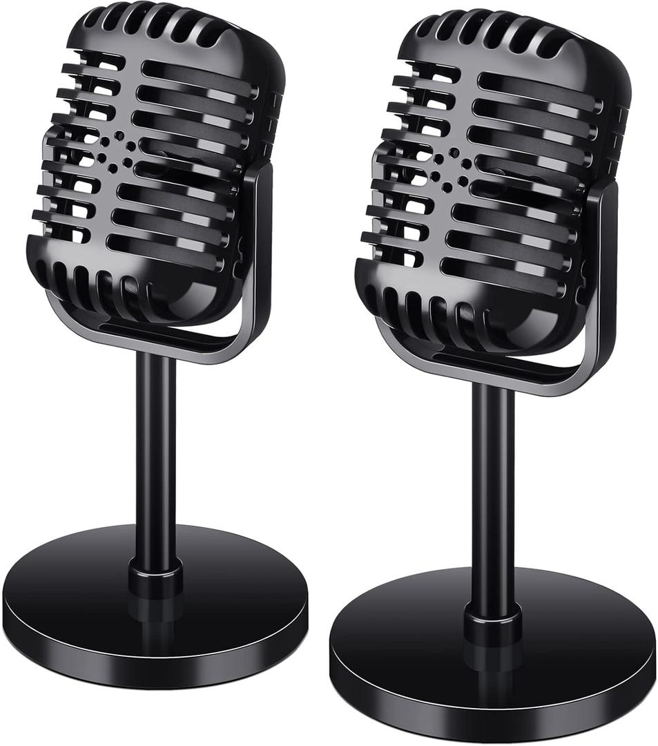 Chivao 2 Pack Retro Microphone Props Model Vintage Stage Table Decor Plastic Fake Microphone Antique Decor Stand Costume Prop for Party Toy(Black,Classic)