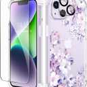 GVIEWIN for iPhone 14 Case Floral, with Screen Protector + Camera Lens Protector, [Non Yellowing] Soft Shockproof Clear Phone Protective Cover for Women, Flower Pattern Design 6.1" (Foliolosa/Purple)