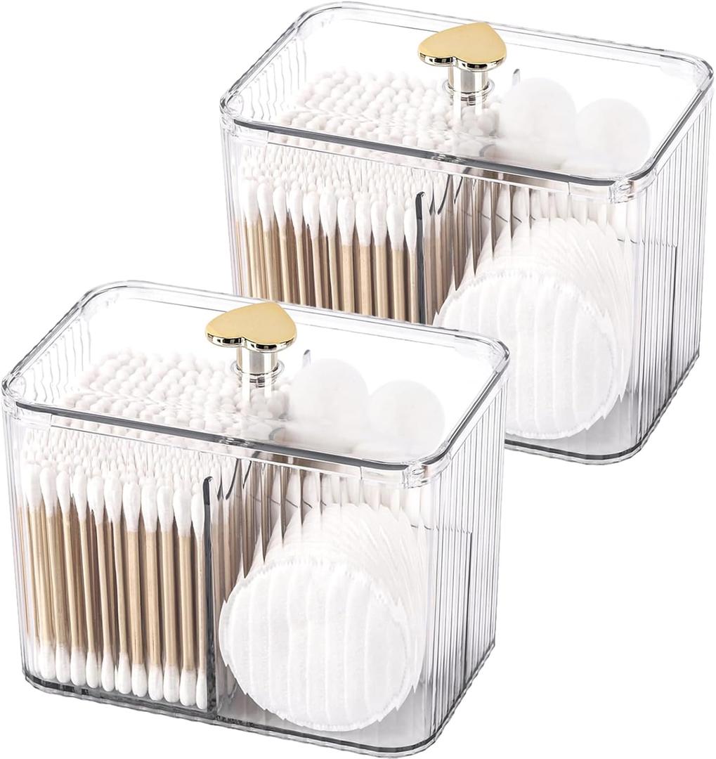 Tbestmax Qtip Holder Dispenser 3-Section Clear Bathroom Organizer Jar 3 Grids Cotton Swab/Pad/Ball Holder Container Cosmetics Storage for Vanity (2 Pack)