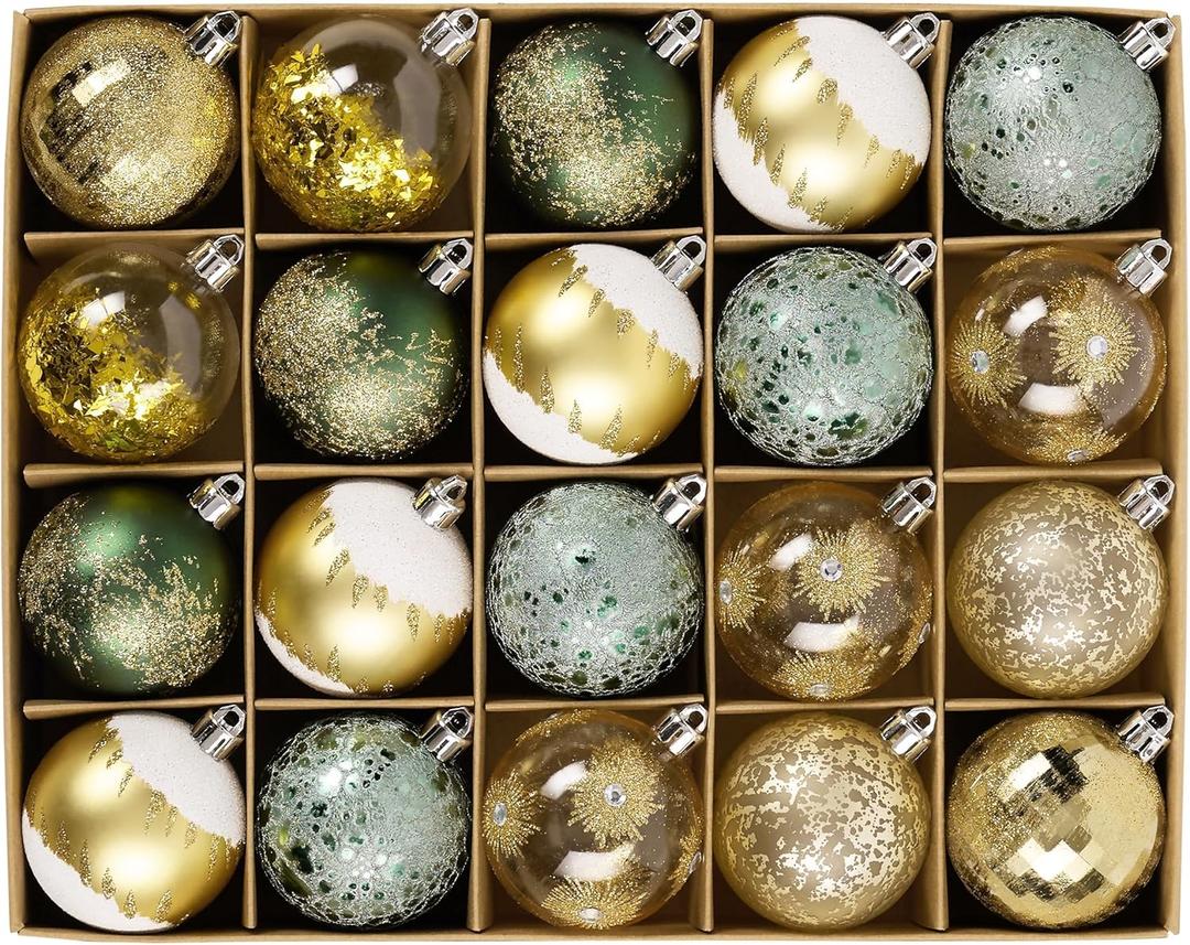 DecorbyHannah Green Gold Christmas Ornaments, 20ct 2.36 inch Ball Ornaments for Christmas Tree Decorations, Shatterproof Plastic Decorative Hanging Balls Bulk for Xmas Home Party Holiday Table Decor