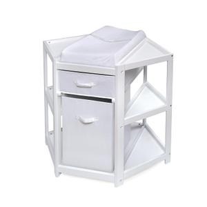 Badger Basket Diaper Corner Baby Changing Table  Space-Saving White Nursery Station with Hamper, Basket & Changing Pad