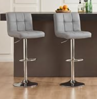 DUMOS Bar Stools Set of 2, 24 inch Counter Height Bar Chairs, Upholstered Modern Kitchen Barstools with Metal Base, PU Leather Saddle Stools for Kitchen Island, Grey