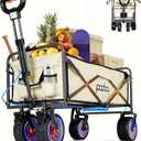 Electric Collapsible Garden Wagon Cart with Wheel,Rolling Foldable Metal Utility Wagon Carts,100w Power and 300lb Capacity, Portable for Camping,Sports,Shopping,Groceries,Laundry (Beige)