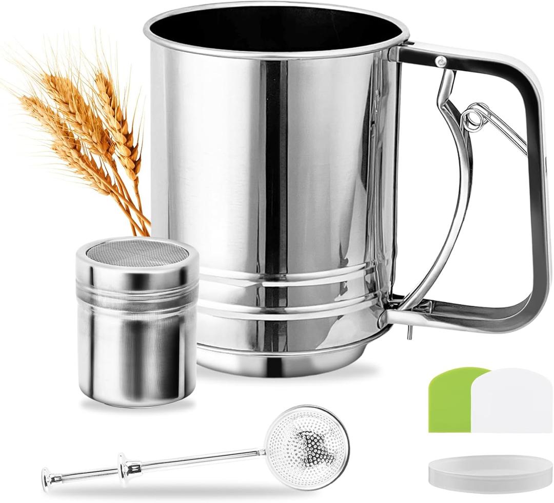 3 Cup Flour Sifter Set - Stainless Steel Mesh + Sugar Shaker & Duster, No Lumps, Smooth Fluffy Cakes Pastries for Home Bakers Chefs, Elevate Dessert Texture Easily