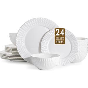 KINGSTONE Bone China Dinnerware Set, 24-Piece White Lightweight Porcelain for 8, Plates and Bowls with Rhombus patterned edge design, Microwave and Dishwasher Safe, for Family, Restaurant, Gifting