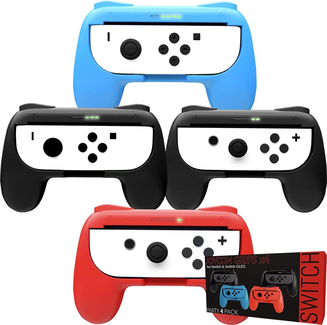 Orzly Grips for Nintendo Switch Joycon Controller Grips for Super Smash Brothers and Other Games Party [4 Pack] Joy-Cons Grips with LED Light Edition - Patented Design (1x RED & 1x BLUE & 2 BLACK)