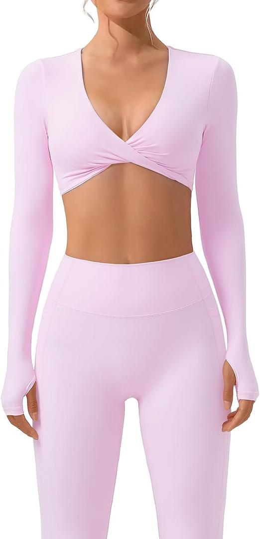 SUUKSESS Women 2 Piece Workout Sets Long Sleeve Twist Deep V Crop Padded Tops Yoga Leggings with Side Pockets (Pink, M)
