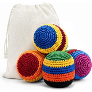 4 Pack Handmade Crocheted Footbags, Durable Knit Kick Bags, Soft Woven Juggling Balls for Coordination Training, Outdoor Play, Party and Stress Relief